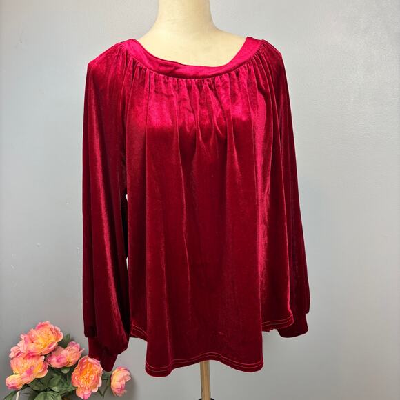 Umgee Red Velvet Blouson Long Sleeve Small Holiday Party Oversize Blouse Top - Picture 2 of 10